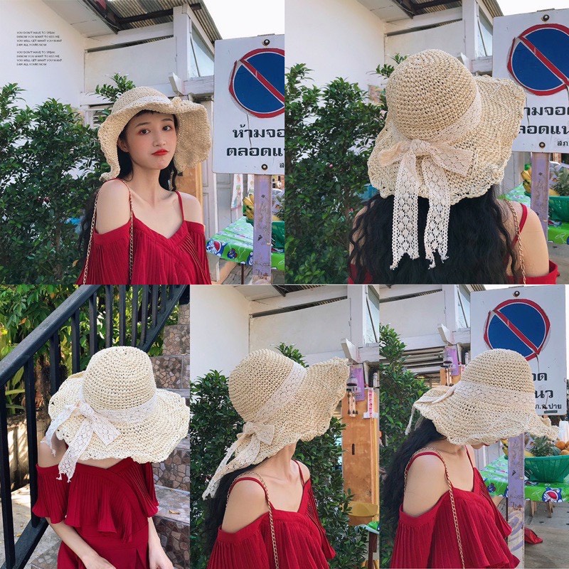 Nón cói, mũ cói mềm móc tay dây ren nơ QD FASHION