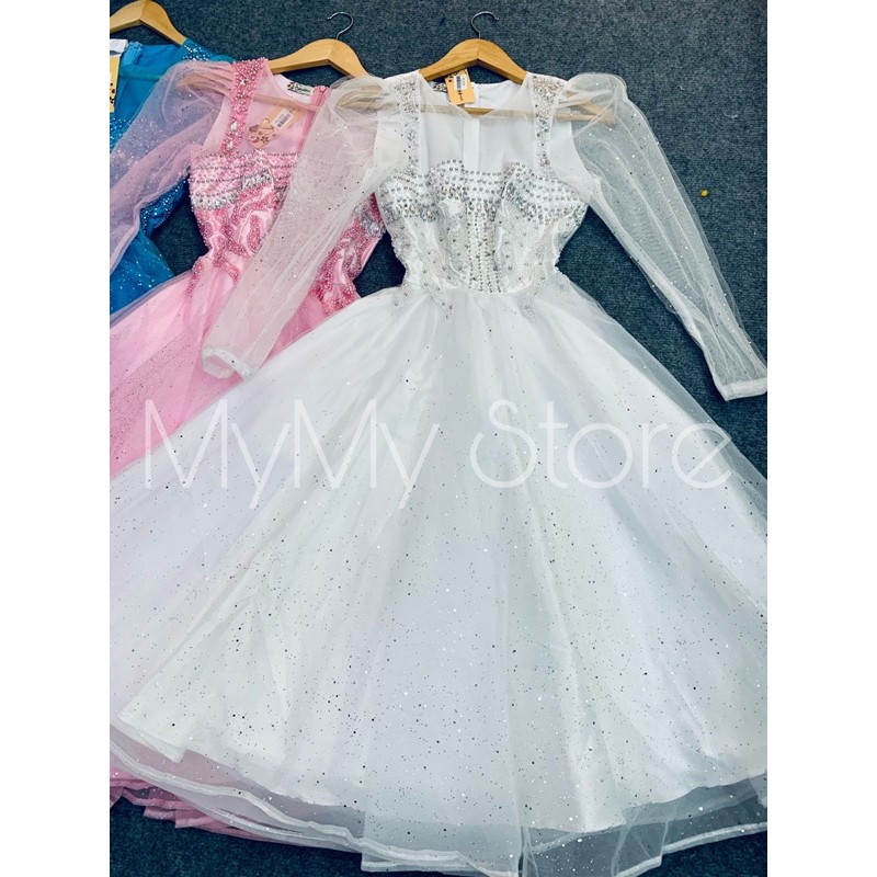 Đầm dự tiệc cổ vuông tay dài kết cườm sang trọng TRIPBLE T DRESS -size M/L (kèm ảnh/video thật) MS153Y