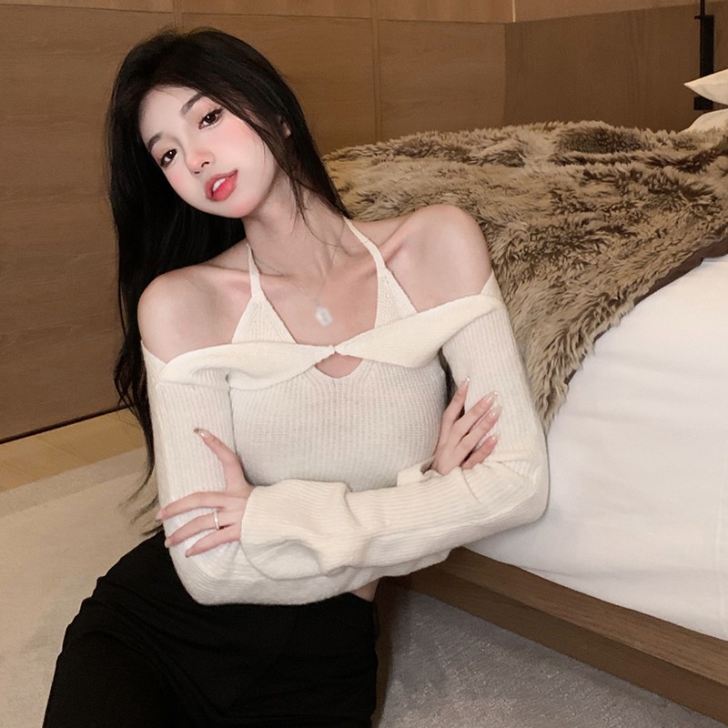 Set Áo Croptop Áo Thun Dài Tay Dây Màu Sắc Đơn Giản + Áo Khoác Cardigan Dệt Kim Thiết Kế Thanh Lịch Cho Phái Nữ