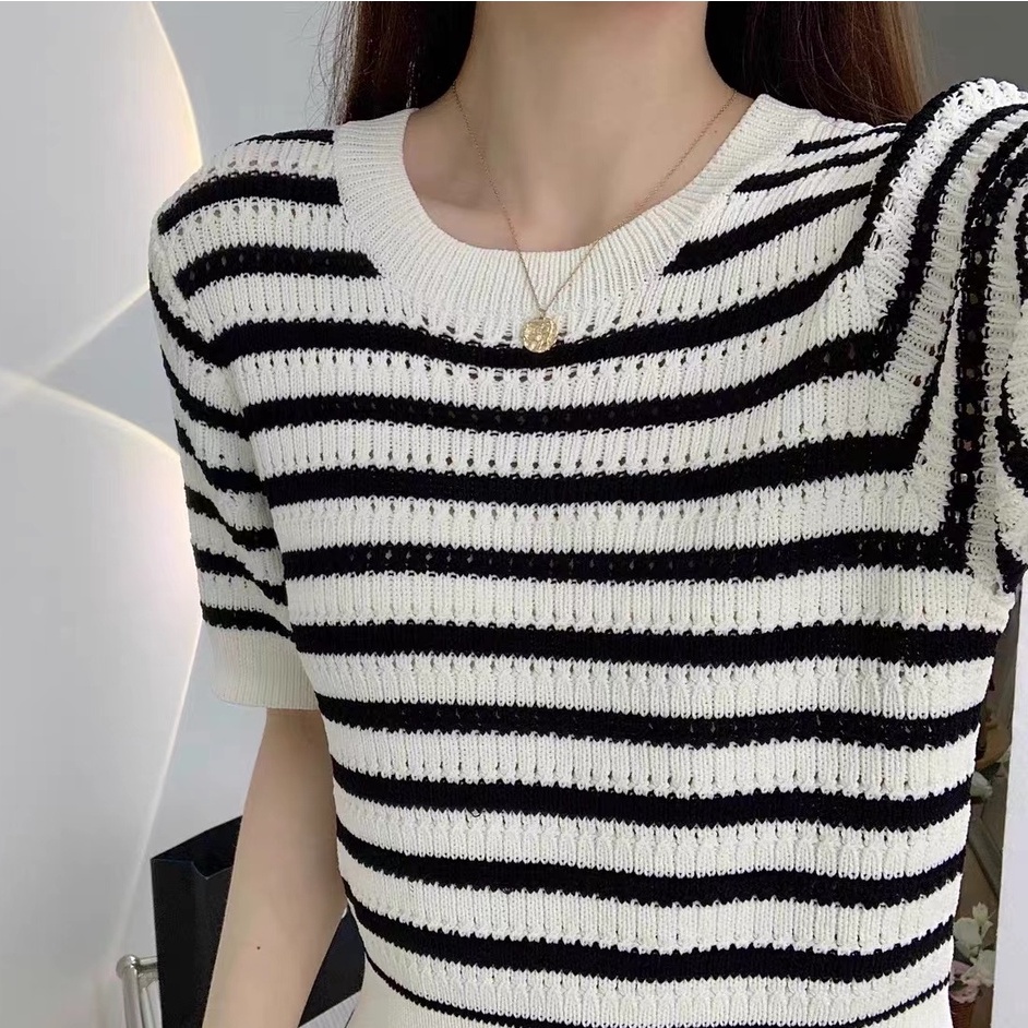 Áo thun ZHELIHANGFEI dệt kim tay ngắn cổ tròn họa tiết kẻ sọc trắng đen dễ thương cho nữ