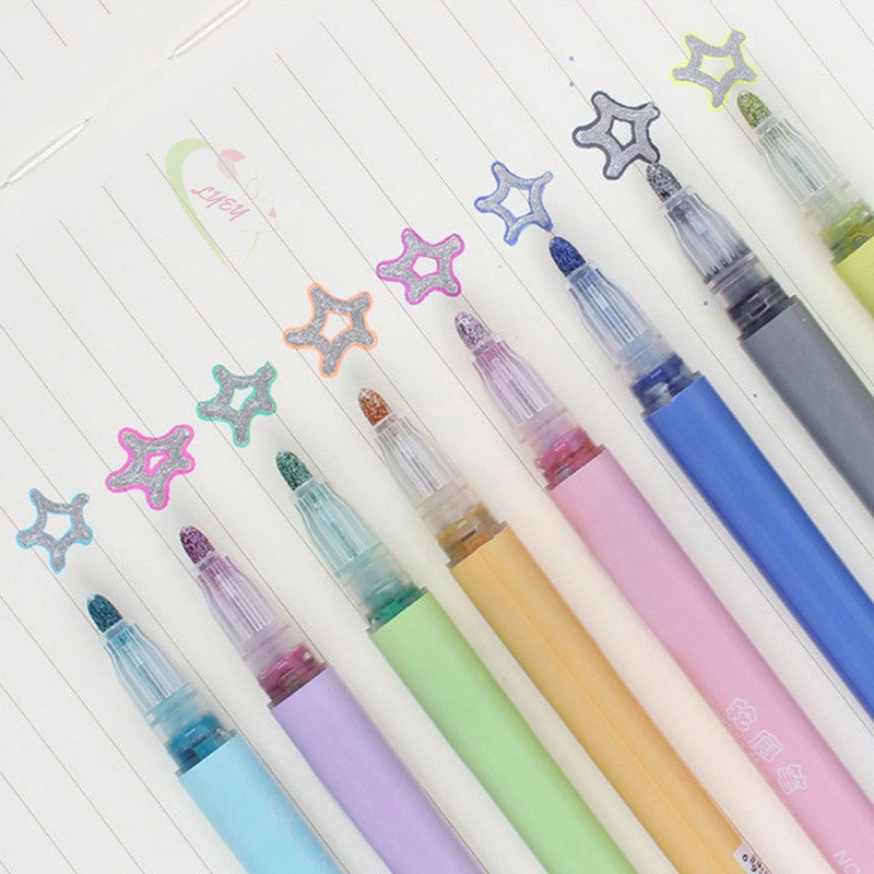 LE Card Writing Drawing Double Line Outline Pen Highlighter Marker Pen 8 Color for School Office @VN