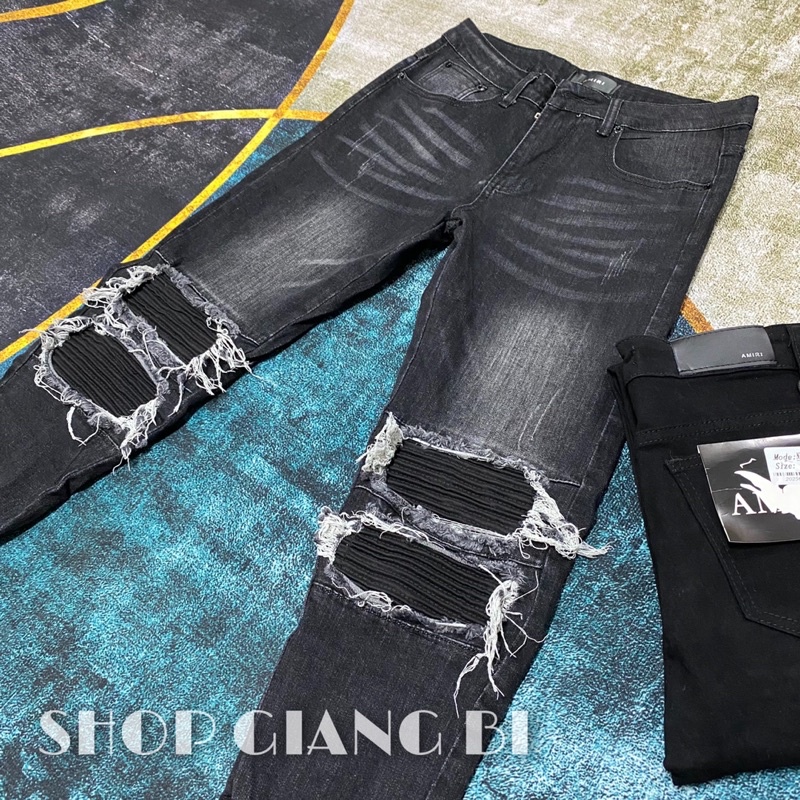 Quần jean vá nhăn gối mikenco phối khoá zip ống chân,quần jean nam mikenco rách gối phối khoá zip ống chân
