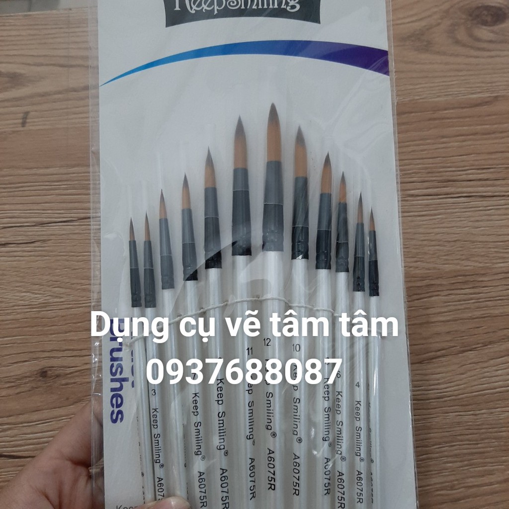 Bộ cọ Keep Smiling 12 cây thân trắng, Bộ cọ đầu tròn 12 cây, Keepsmiling A6075R-Dụng cụ vẽ Tâm Tâm