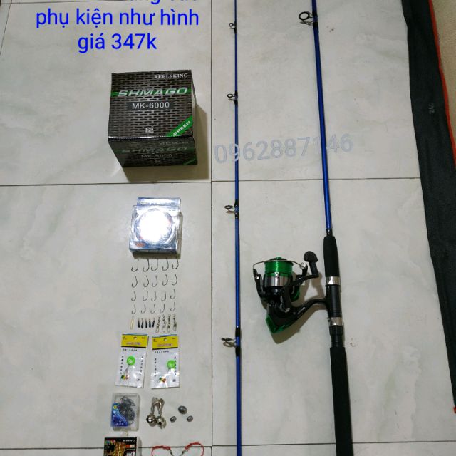 Combo cần 2 khúc shimano+máy shimago 6000+15 món phụ kiện