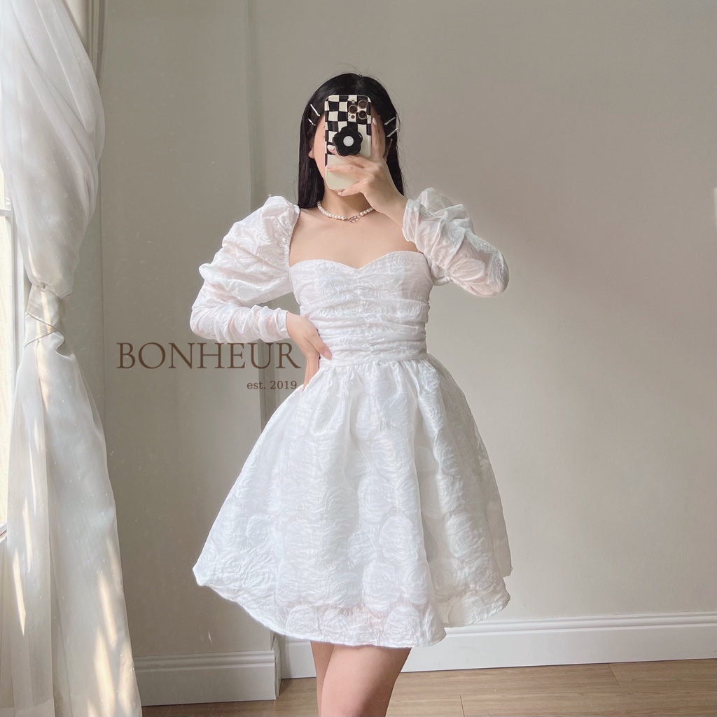 Váy tay bồng dài đầm xoè tơ hoa hồng tiểu thư phong cách công chúa thanh lịch bồng bềnh Bonrose Dress | BigBuy360 - bigbuy360.vn