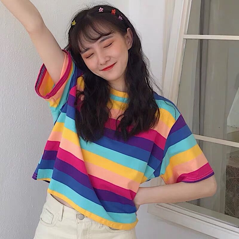 Áo Thun Croptop Kẻ Sọc Phong Cách Hàn Quốc Xinh Xắn Cho Nữ