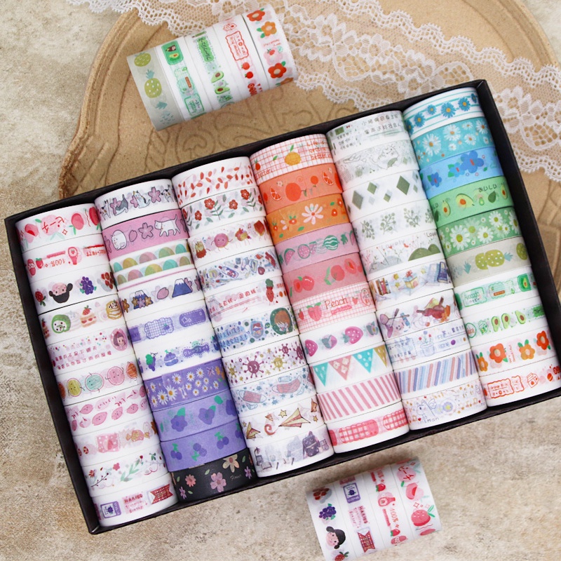 Hộp 60 cuộn washi tape nhiều chủ đề, nhiều hình hoạt hình dễ thương trang trí sổ tay CREAMY WST165