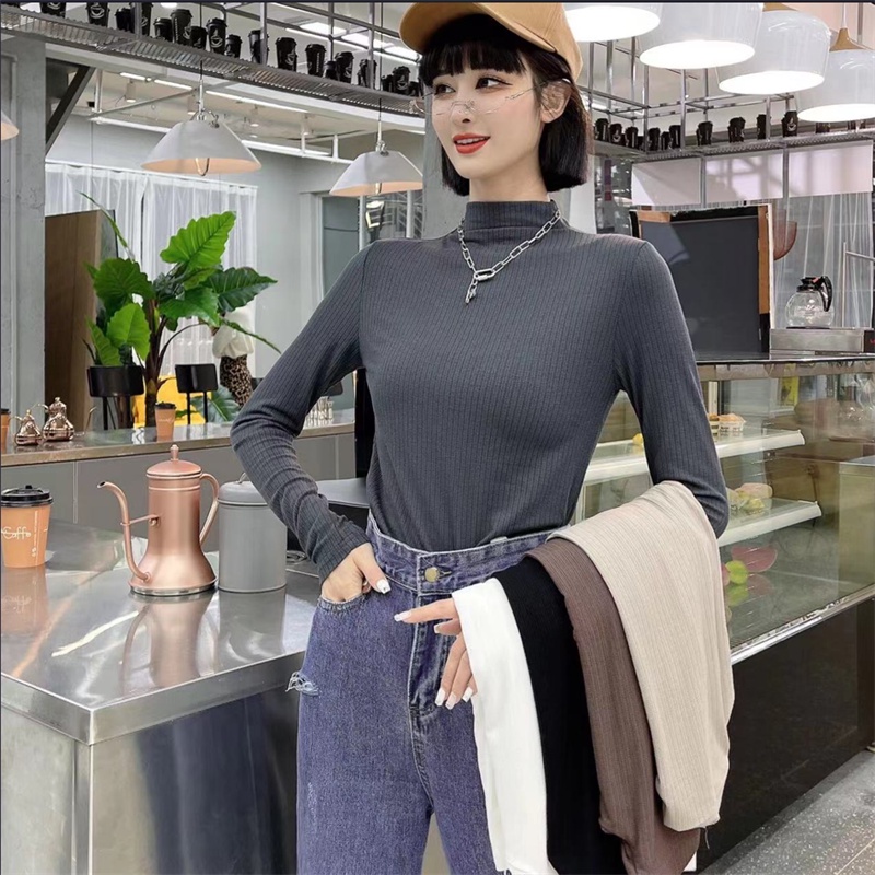 Áo Thun Tay Dài Cổ Lọ Ôm Dáng Co Giãn Phong Cách Hàn Quốc Thời Trang Cho Nữ
