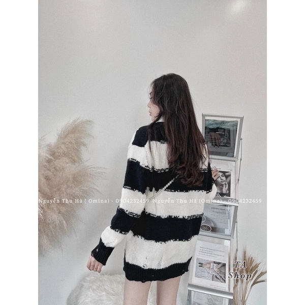 Áo len nữ, len loang kẻ ngang dáng len dài chùm mông
