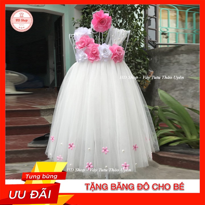 Đầm cho bé sơ sinh ❤️FREESHIP❤️ Đầm công chúa trắng sáu bông đính hoa nhí lệch quai cho bé 0-12 tháng tặng kèm băng đô