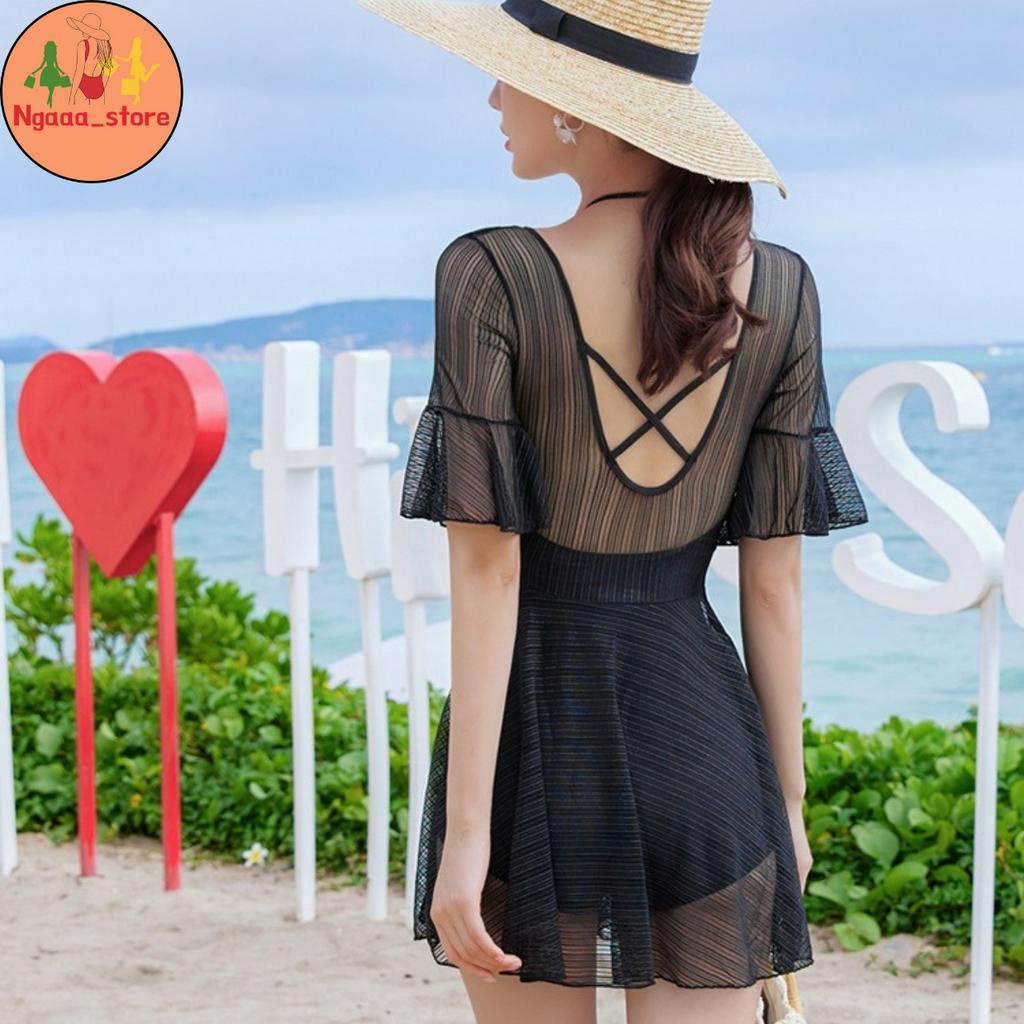 Đồ bơi nữ liền thân đi biển kín đáo BK0666, Bikini 1 mảnh tay cánh tiên có quần bảo hộ chân váy phong cách hàn quốc