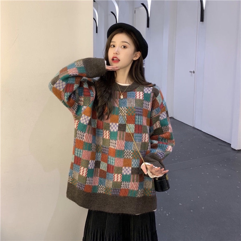 Áo len Kẻ Caro, Áo Len cổ tròn kẻ caro phong cách Retro Hàn Quốc dáng rộng