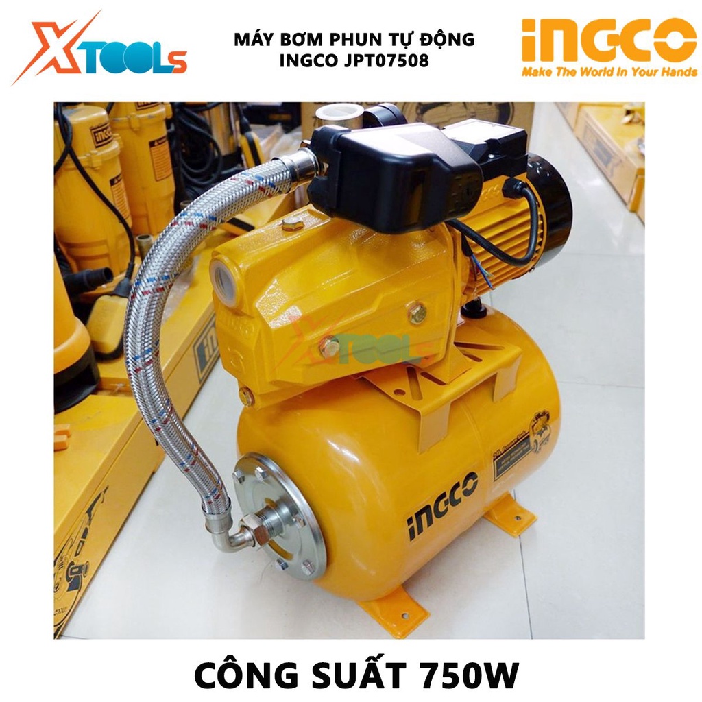 Máy bơm phun tự động INGCO JPT07508 Máy bơm nước Điện thế 220-240V~50Hz Công suất 750W(1HP) Chiều cao bơm tối đa 45 m bơ