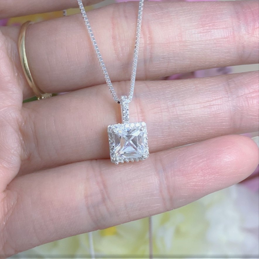 Dây chuyền bạc nữ mặt vuông đính đá lấp lánh, chất liệu bạc thật sang trọng - Trang sức bạc Evasilver