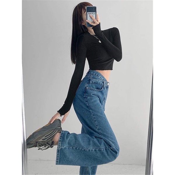 Quần jeans ống rộng nữ dáng suông 1 cúc cạp lệch xanh đậm