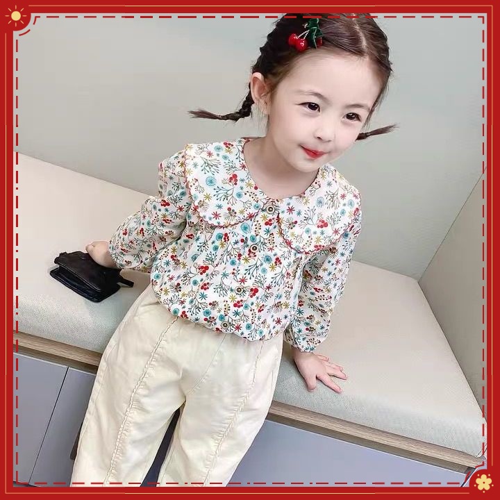 Áo Sơ Mi Hoa Tay Dài Dáng Rộng Có Cổ Thời Trang Mới Cho Bé Gái