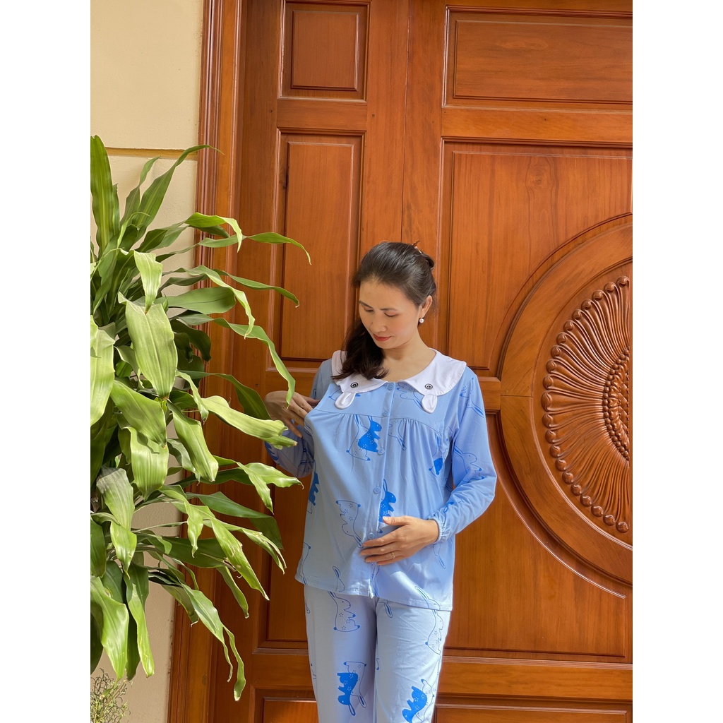 Bộ sau sinh cotton mềm mướt CỔ BÈO TAI THỎ có vén ngực cho bé ti kèm chun chỉnh quần (bầu nhỏ bon chen) BD942