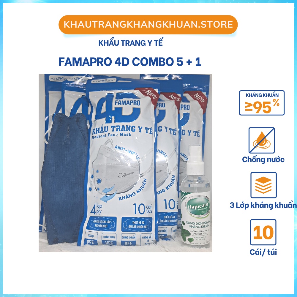 [COMBO 50+ 1] Chai xịt Khuẩn, khẩu trang 4D FAMAPRO (1 chai 100 ml + 50 cái khẩu trang loại xịn)