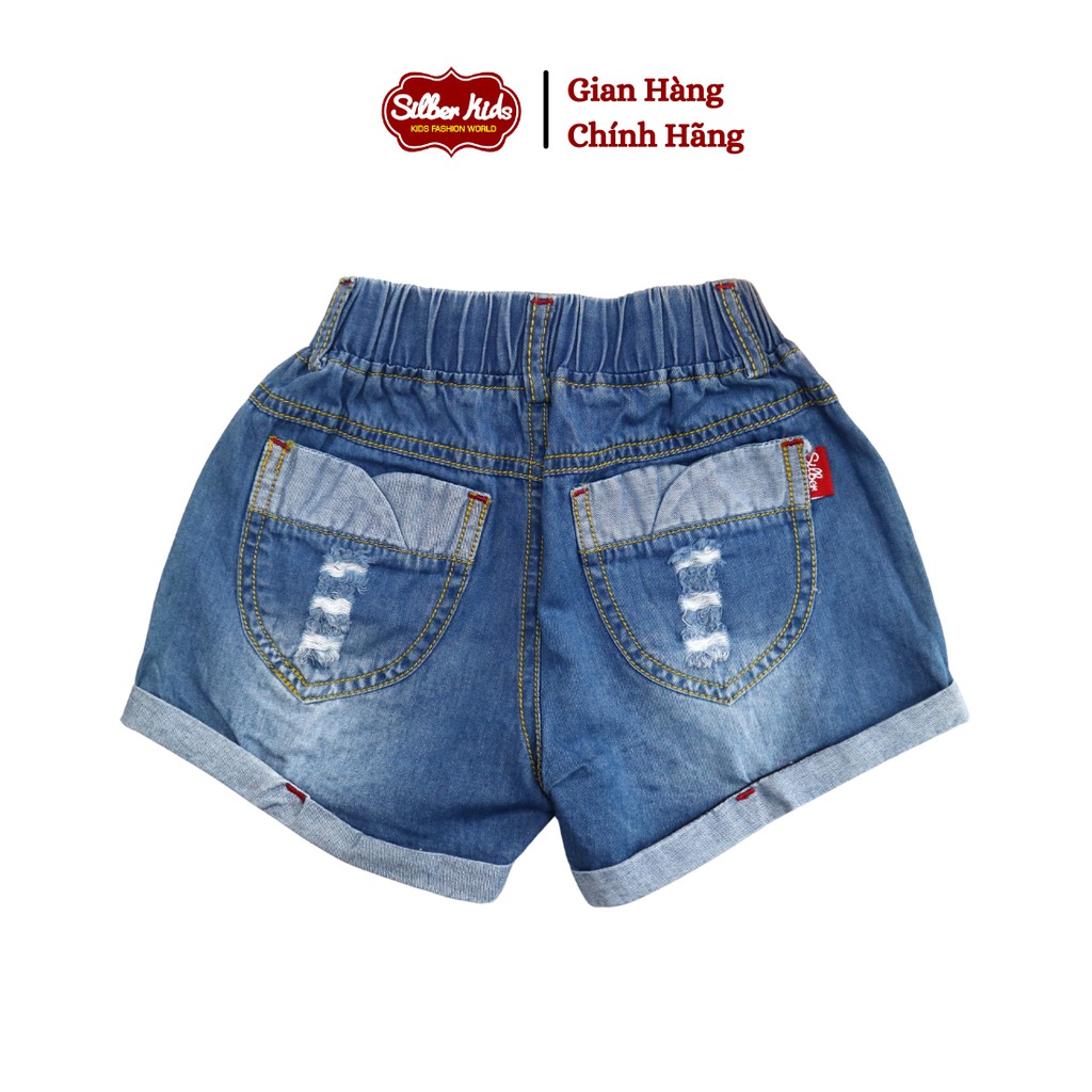 [Mã BMBAU50 giảm 7% đơn 99K] Quần Short Jean Bé Gái Gập Gấu Phối Túi, Nơ Kẻ SILBER KIDS