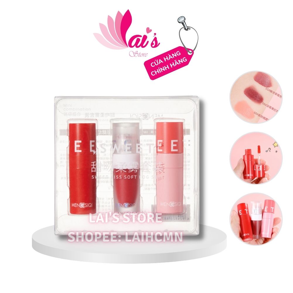 Set 3 Son Môi Mengsiqi Sweet Kiss Soft  Fog Suit Dạng Kem Siêu Lì Làm Phấn Má Hồng Dưỡng Ẩm Không Khô Nội Địa Trung