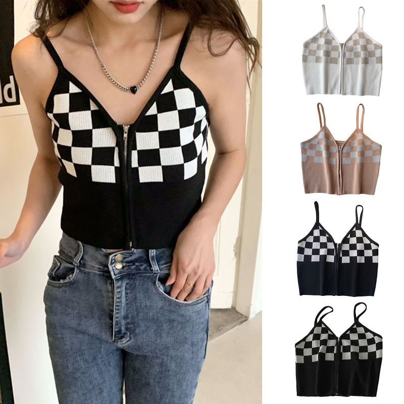 Áo Croptop Dệt Kim Hai Dây Cổ Chữ V Dáng Ôm Kẻ Sọc Caro Phối Khóa Kéo Thời Trang Mùa Hè Cho Nữ