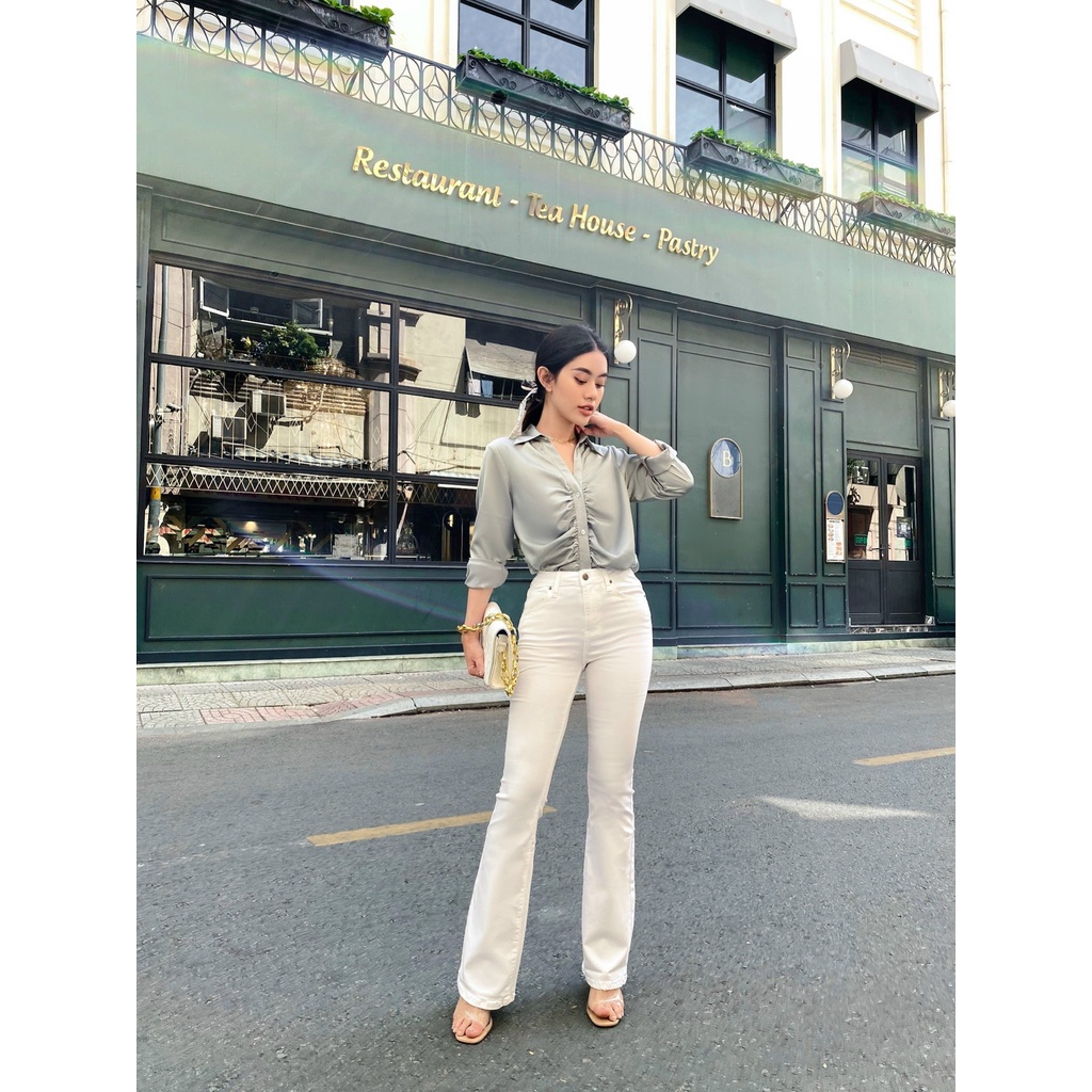 Áo sơ mi lụa xếp nhún trước MIEU - HD35