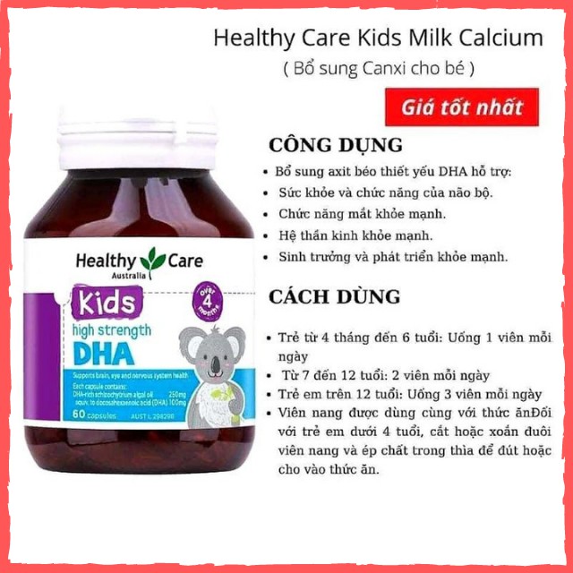 Viên Uống Healthy Care Kids High Strength DHA Và Canxi cho bé 60 viên - bổ sung DHA cho bé