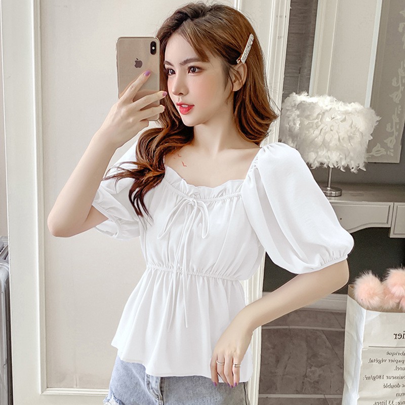 áo sơ mi nữ nơ ngực bo tay cổ vuông