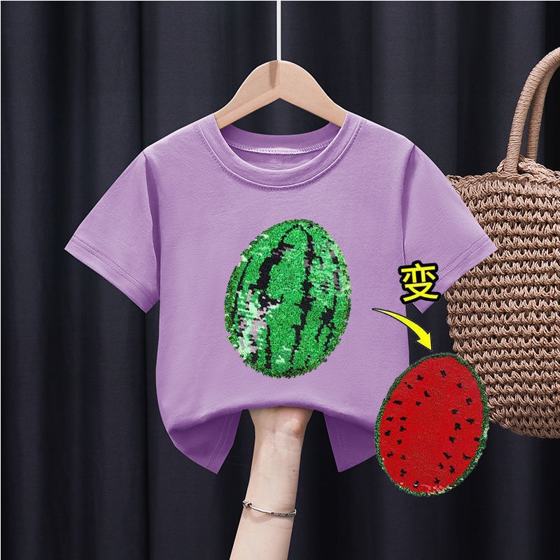Áo Thun Cotton Tay Lửng In Họa Tiết Dưa Hấu Hoạt Hình Thay Đổi Màu Sắc Dành Cho Trẻ Em