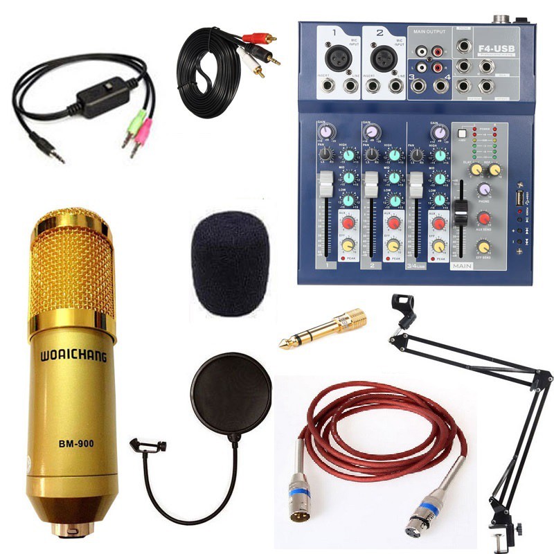 [Mã ELHACE giảm 4% đơn 300K] Combo Mic thu âm BM900 + Soundcard Mixer F4 FULL phụ kiện