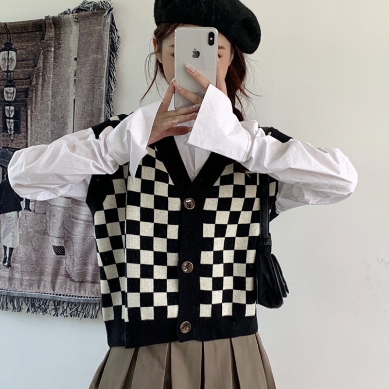 172907 |Màu Đen| Áo Len Không Tay Cổ Chữ V Họa Tiết Sọc Caro Dễ Phối Đồ