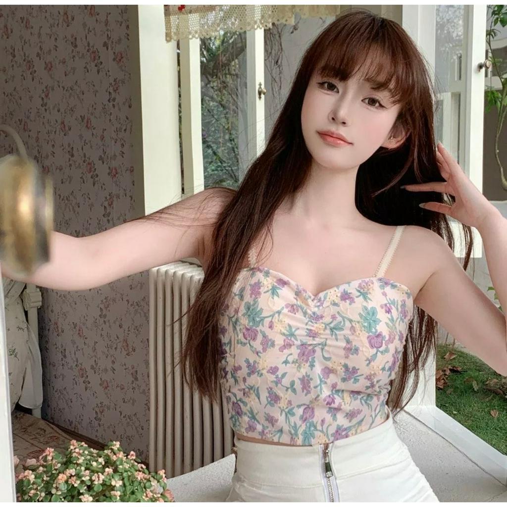 Áo Bra Nữ Croptop Hai Dây Cổ Chữ V Họa Tiết Hoa Ngọt Ngào Hàn Quốc Siêu Xinh 387