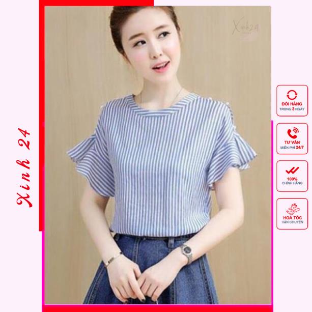 Áo Kiểu Nữ Tay Loe họa tiết kẻ sọc phong cách Hàn Quốc | BigBuy360 - bigbuy360.vn