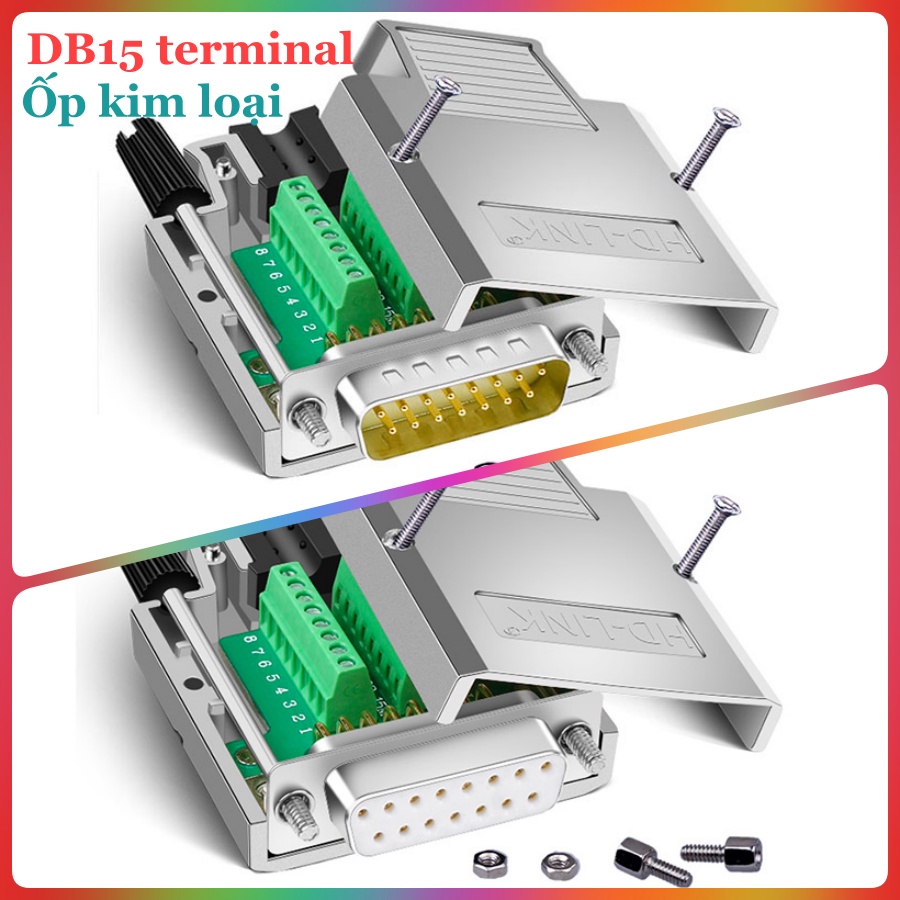 Đầu nối DB15 terminal vặn vít Male/Female, vỏ ốp kim loại