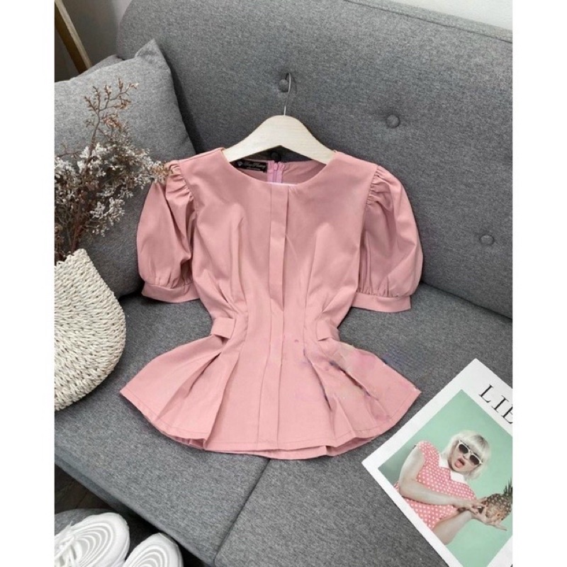 ÁO PEPLUM CỔ TRÒN TAY PHỒNG + QUẦN SUÔNG