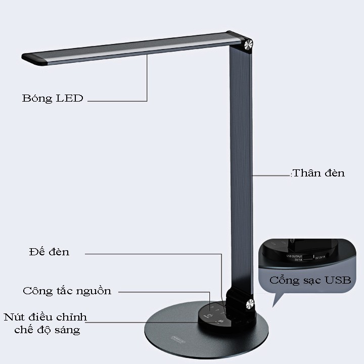 Đèn học để bàn LED 12W-MT601, Cảm ứng 6 chế độ ánh sáng, Có đế sạc điện thoại không dây Qi 10W