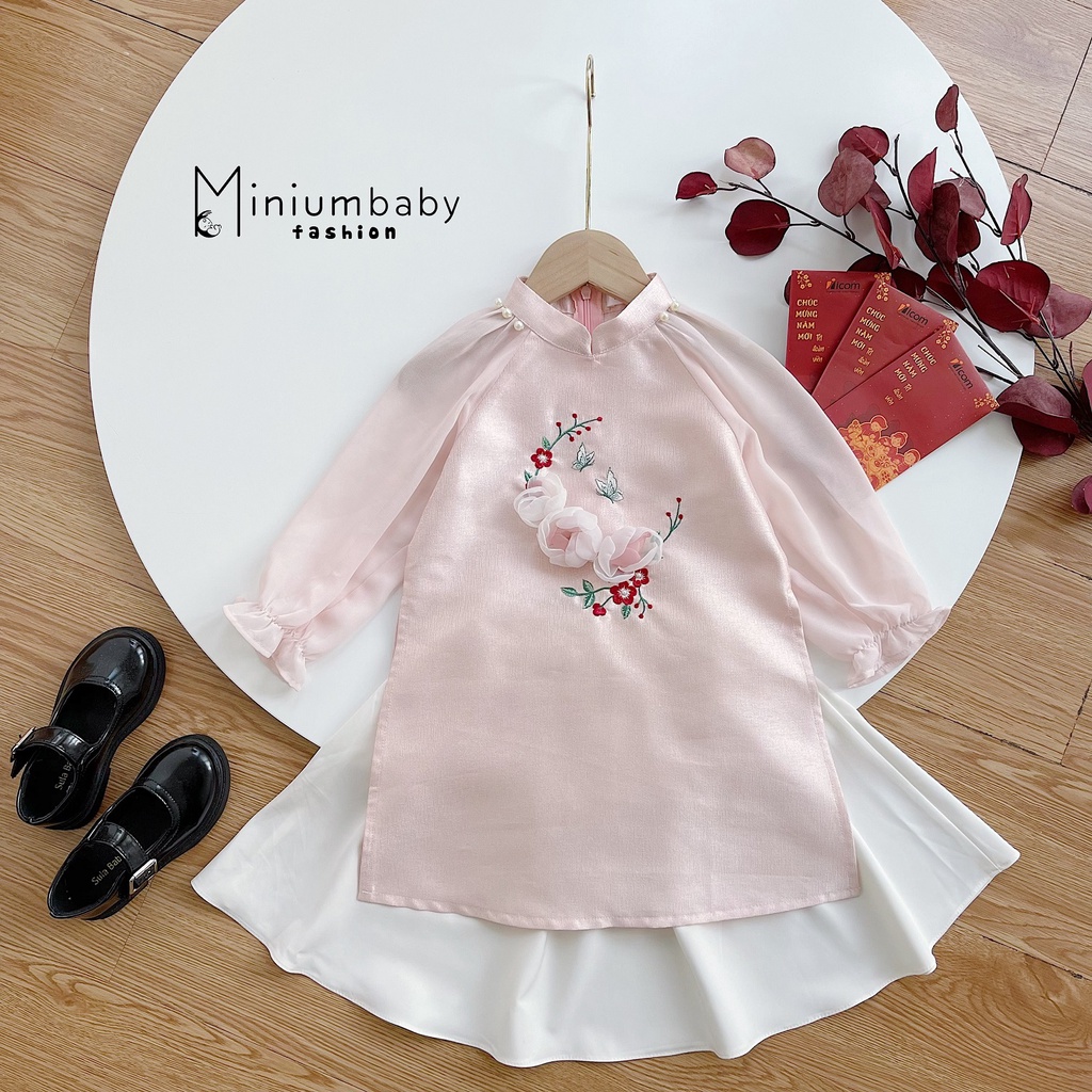 Set bộ áo dài cho bé gái, mẫu thiết kế áo dài cách tân họa tiết hoa mẫu đơn cho bé  MINIUMBABYFASHION AD1121