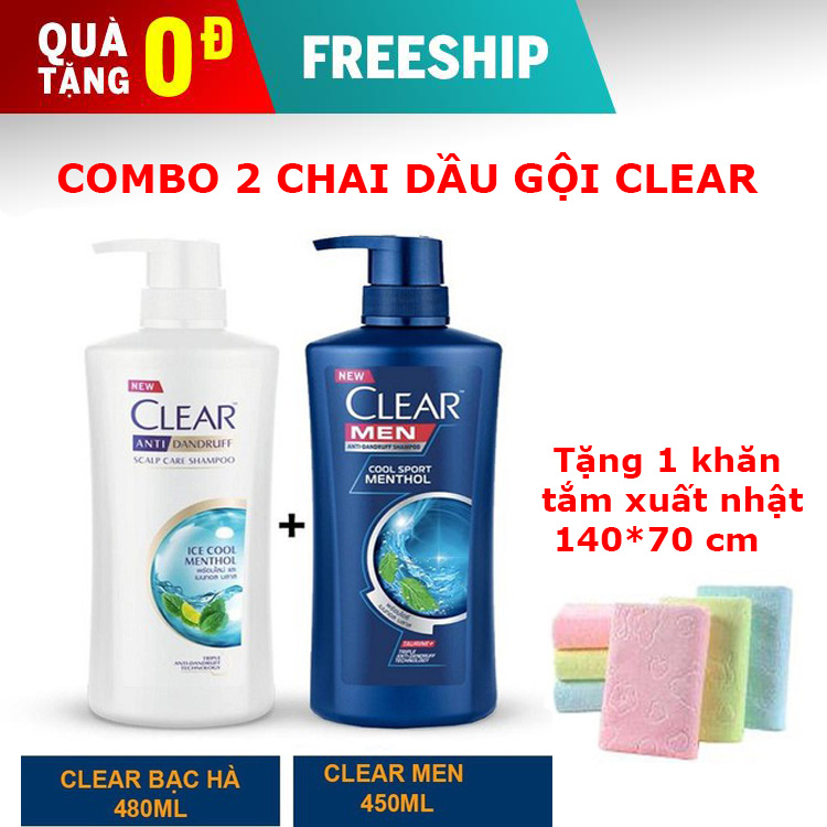 COMBO 2 CHAI DẦU GỘI CLEAR NGĂN NGƯA GÀU LÀM MƯỢT TÓC CAO CẤP TẶNG KHĂN TẮM XUẤT NHẬT