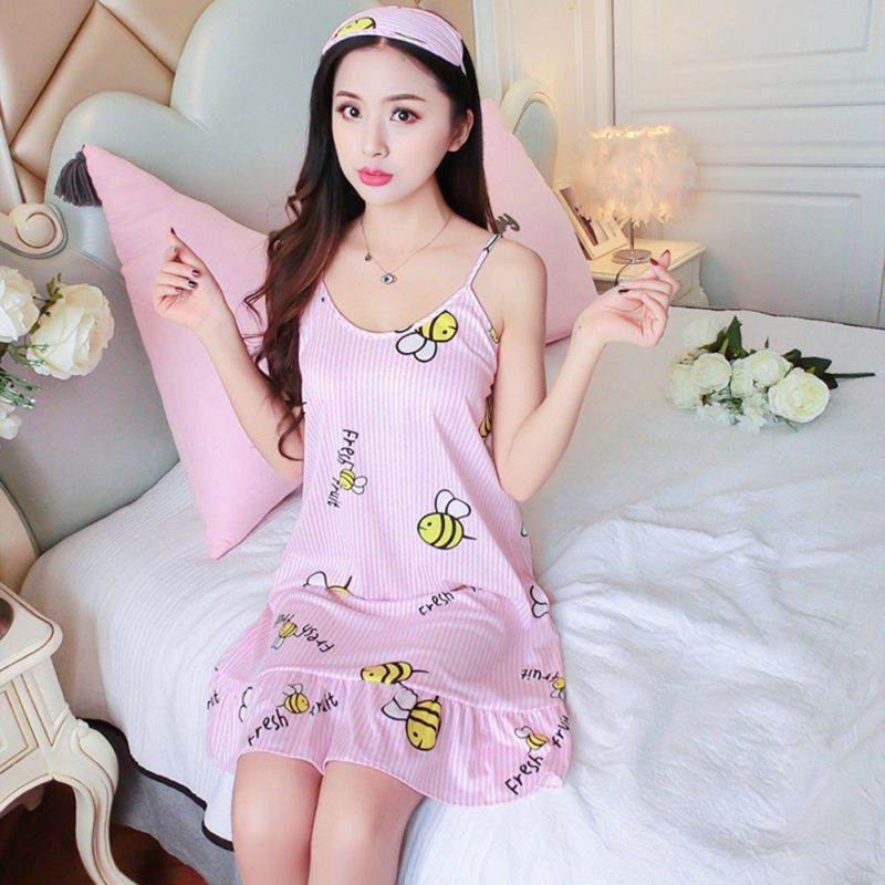 Đầm ngủ hai dây họa tiết dễ thương cho nữ chất liệu thoáng mát