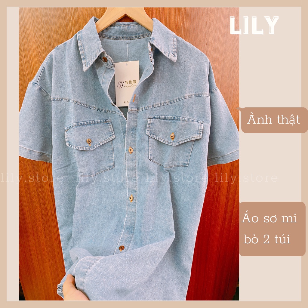Áo Jean nữ cộc tay form rộng, áo sơ mi nữ tay ngắn có túi ngực hot hit 2022 - SB01 LILY