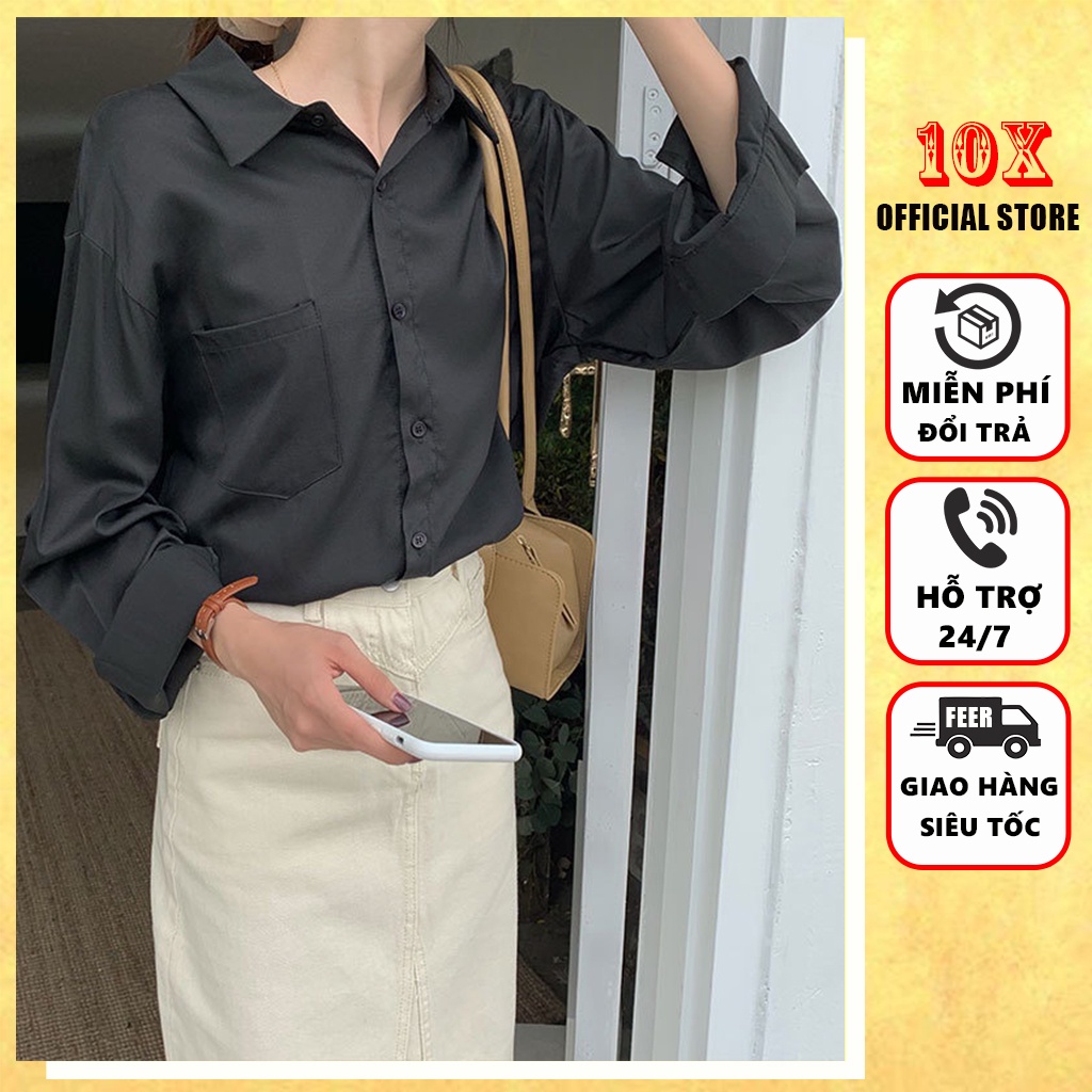 Áo Sơ Mi Nữ form Rộng Dài Tay Chất Lụa Hàn Cao Cấp Phong Cách Ulzzang Vintage Hàn Quốc 4 Màu Đen Trắng Xanh Hồng
