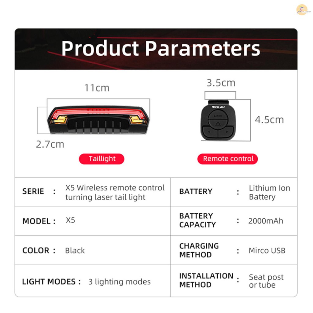 Đèn led tín hiệu xi nhan không dây gắn xe đạp Meilan X5 phía sau kèm phụ kiện sạc USB