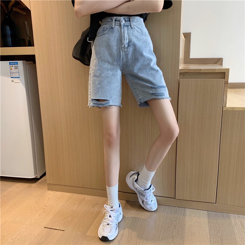 Xiaozhainv Quần Đùi Denim Ống Rộng Rách Tua Rua Cá Tính | BigBuy360 - bigbuy360.vn