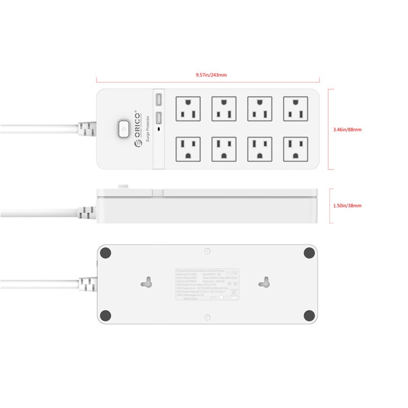 Ổ cắm điện ORICO chuẩn US 8AC 2 cổng USB SPT-S8 tiện lợi chất lượng cao