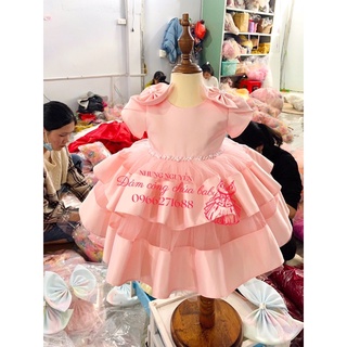 Váy 2 tầng nơ vai Đầm Công Chúa Cho Bé Gái Cao Cấp tặng Kèm Cài Đầu Cute