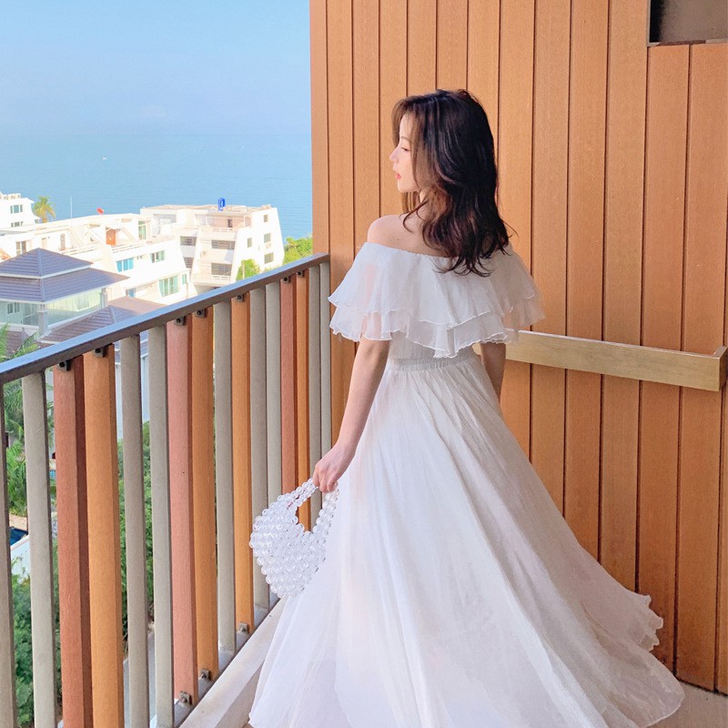 Váy maxi voan trắng dáng dài trễ vai cực xinh - MS159 (Có ảnh thật)