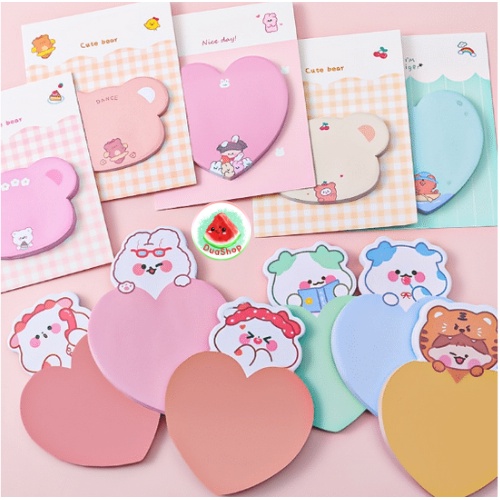 Giấy Note 30 Tờ Hình Trái Tim, Giấy Ghi Chú Mặt Gấu/ Chó Shiba/ Mèo...Màu Pastel Ngọt Ngào Duashop