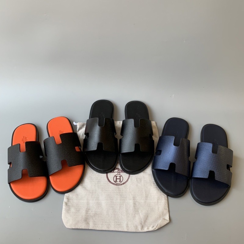 Dép Chữ H Quai Ngang Da Bò Mềm In Logo HM, Dép Hermes Nam Bản Quai Đen Mặt Đế Màu Cam