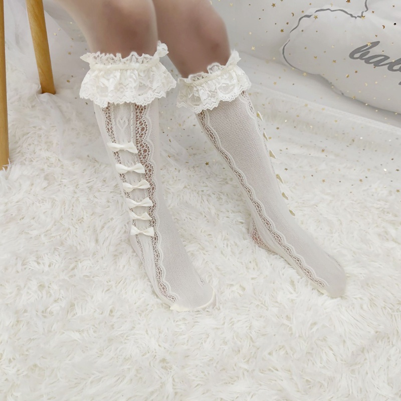 Đôi Vớ Phối Ren Rỗng Dài Đến Đầu Gối Đính Nơ Phối Bèo Nhún Hóa Trang Cô Hầu Gái Anime Lolita Nhật Bản