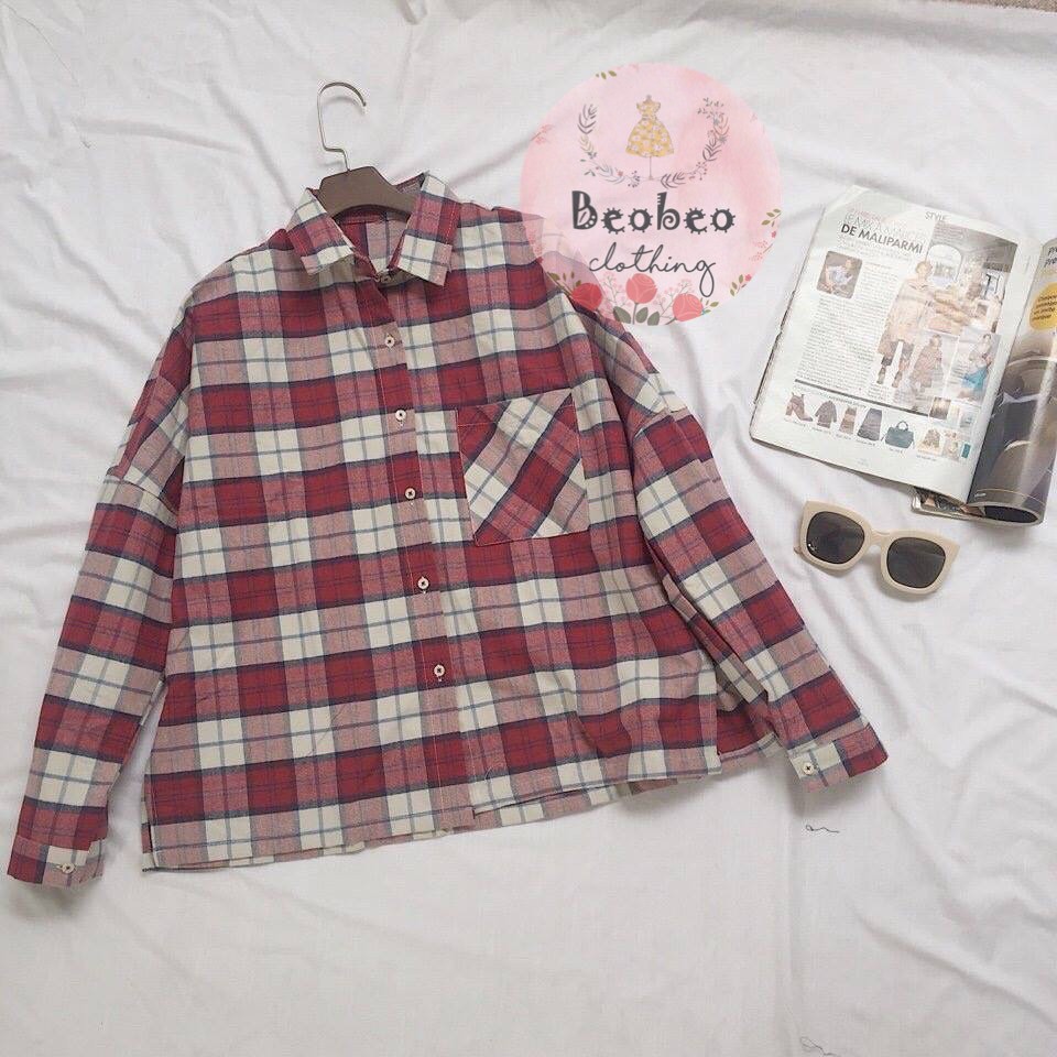 Áo sơ mi oversize sọc caro hồng có túi ulzzang